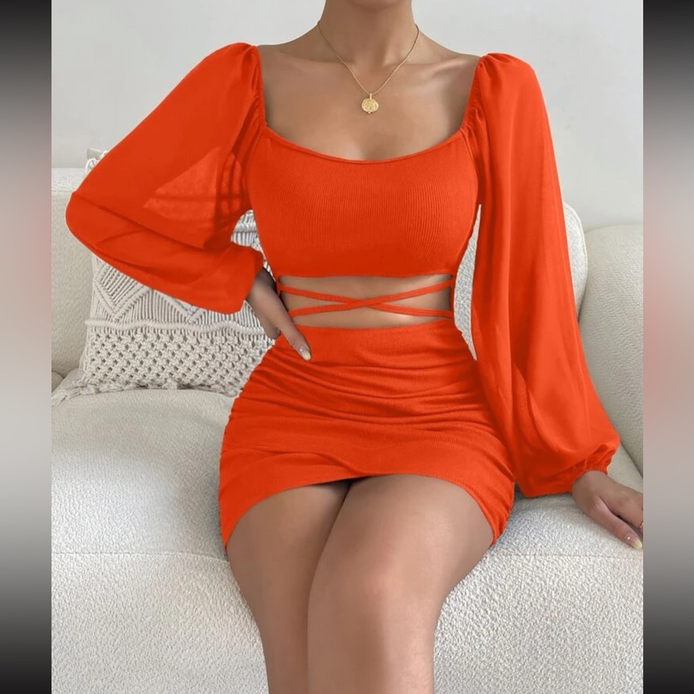 SHEIN Privé Crisscross Cut Out Waist Lantern Sleeve Ruched Bodycon Dress Size XS